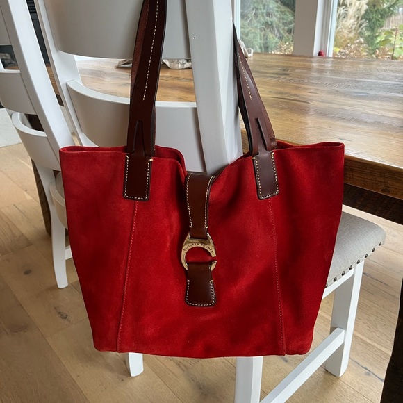 Dooney & Bourke Red Suede Tote with Leather Trim | Statement Lock Bag - Picture 11 of 11